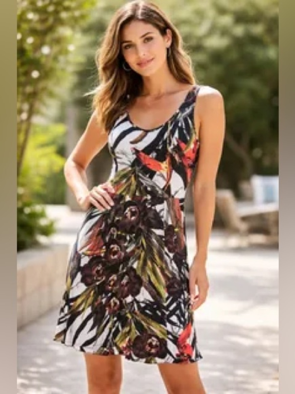 Desigual Floral Tropical Print Sleeveless A-Line Dress - White/Black
